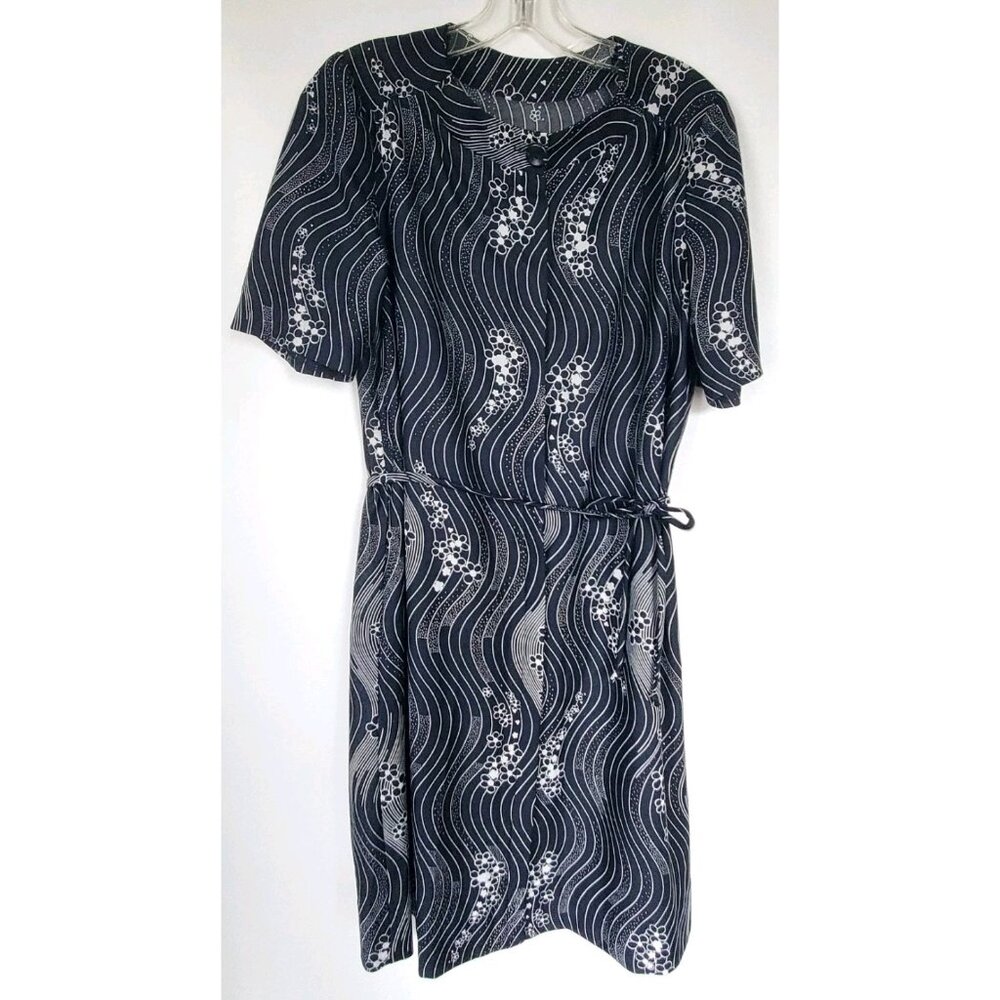 Vintage 60s 70s Op-Art Psychedelic Wave Floral Dress Black White Mod Midi L/XL